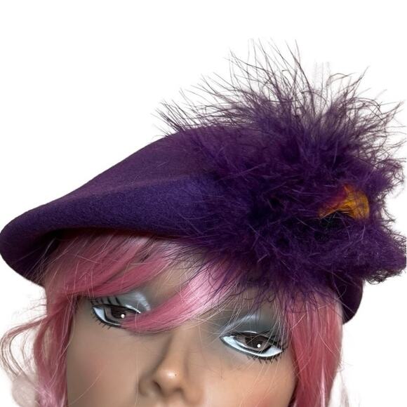 Vintage 100% Wool Doeskin Felt Pillbox Hat Purple Feathers Velvet Bow main image 7